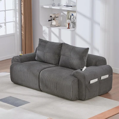 Modulares 2-Sitzer-Cordsofa, mit Getränkehalter und Seitentasche, 200 x 99 x 80 cm, Dunkelgrau