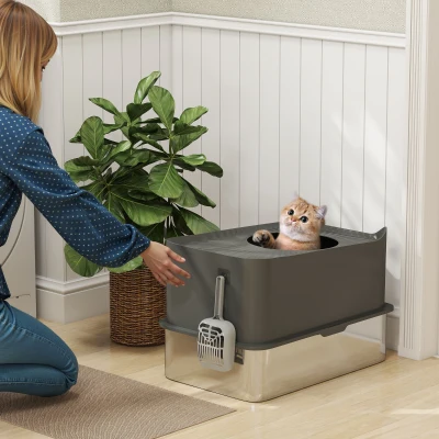 PawHut Stainless Steel Enclosed Cat Litter Box Dark Grey