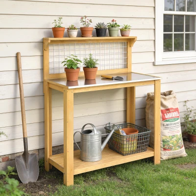 Outsunny Wooden Potting Bench Table with Aluminium Worktop, Outdoor Garden Workbench with 2 Shelves