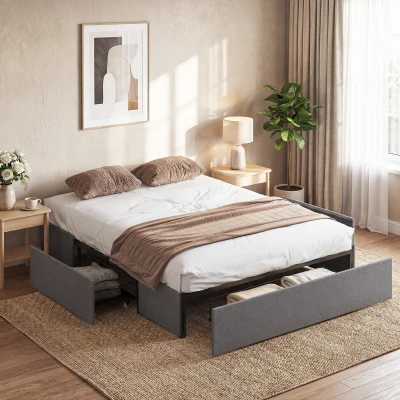 HOMCOM King-Size-Bett 165 cm, Stoffbezogen, Lattenrost, 3 Schubladen, Geräuscharm, Grau