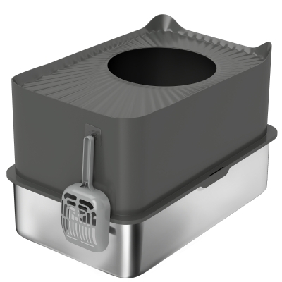 PawHut Stainless Steel Enclosed Cat Litter Box Dark Grey
