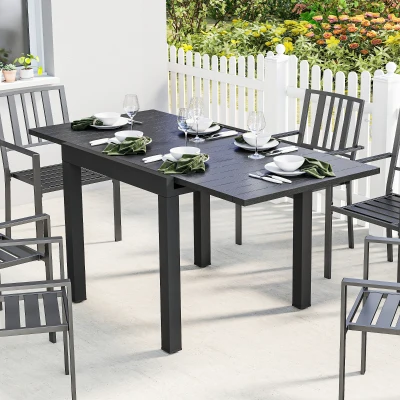 Outsunny Masă de Sufragerie Exterioară Extensibilă 80/160 cm pentru 4-6 Persoane din Aluminiu cu Blat cu Lamele Efect Lemn Negru
