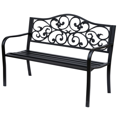 Outsunny Metal Garden Bench Floral Backrest Black