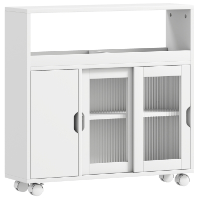 HOMCOM Mueble de baño con ruedas, estante regulable, puerta corredera de vidrio templado, Blanco
