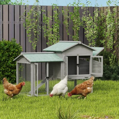 PawHut Kippenhok van hout Kippenhuis met buitenren nestkast helling uitschuifbare lade voor 2-4 kippen 168x75x103cm grijs