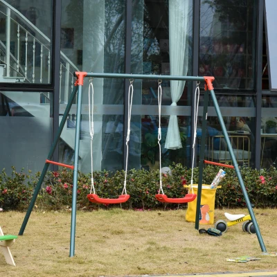 Outsunny Leagăn Dublu pentru Copii 3+ Ani cu Structură din Metal, Leagăn de Grădină cu Coardă Reglabilă, Joc de Exterior, Max 45 kg, 239x156x180 cm, Verde și Roșu