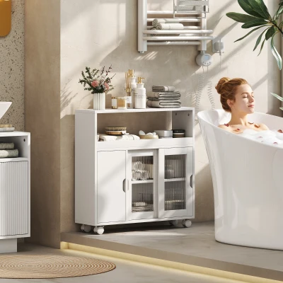 HOMCOM Móvel de Casa de Banho com Rodas Prateleira Regulável Porta Deslizante em Vidro Temperado Branco