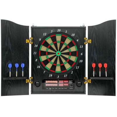 SPORTNOW Tablă de darts electronică E cu uși, aspect lemn, afișaj LED, anunțuri vocale, 6 săgeți de darts, 24 vârfuri de rezervă