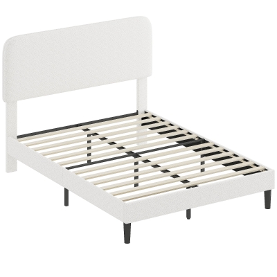 HOMCOM Estrutura de Cama 140x190 cm com Estrado Cabeceira Ajustável Cama de Casal Estofada em Veludo Teddy Ripas em Metal Branco