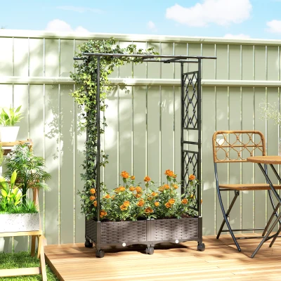 Outsunny Raised Garden Bed with Trellis on Wheels Black
