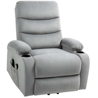 HOMCOM Fauteuil releveur inclinable massant et chauffant, tissu aspect velours avec porte-gobelets, pochette latérale, gris