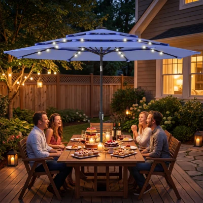 Outsunny 2.8 m Garden Parasol Umbrella with LED Solar Light, Parasol Cover, 3 Tier Outdoor Table Market Patio Umbrella, Navy Blue