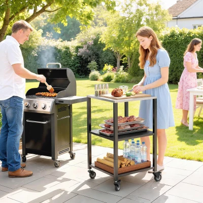 Outsunny Grillwagen 3-Etagen Grilltisch mit Edelstahl Arbeitsfläche Rollen mobiler Servierwagen 50 x 50 x 90 cm Schwarz
