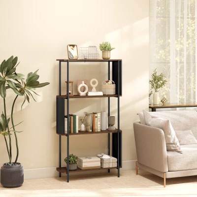 HOMCOM 4-laags plank, vrijstaand rek met gebogen design, industrieel boekenrek, bruine houtlook
