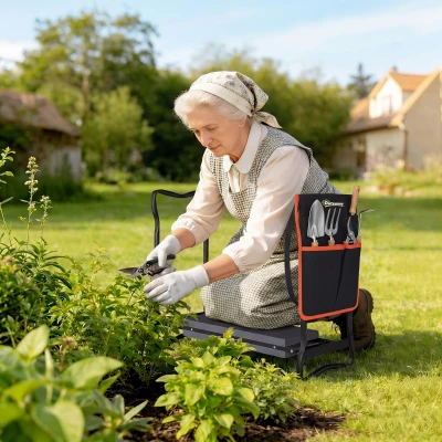 Outsunny Taburete de Jardín Plegable con Almohadilla de EVA Asiento de Jardín con Bolsa para Herramientas en Cintura Carga 150kg