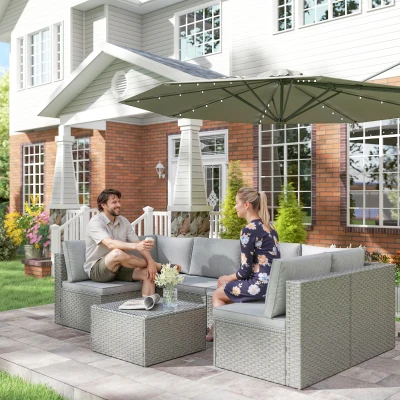 Outsunny 7 Pieces Rattan Garden Furniture Set, 6 Seater Garden Corner Sofa with Cushions and Glass Top Table, Sectional Outdoor Furniture Conservatory Set for Patio, Grey