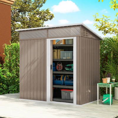 Outsunny Caseta de Jardín Metálica con Puerta Corredera Ventanas y Ventilación para Almacenaje Exterior 195x122x159/182 cm Marrón