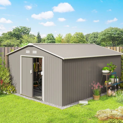 Outsunny 13 x 11ft Large Metal Storage Shed Sliding Doors - Warm Grey