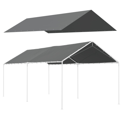 Outsunny Acoperiș de Carport 10 x 20ft, Prelată Rezistentă la UV cu Corzi Elastice, Gri Închis
