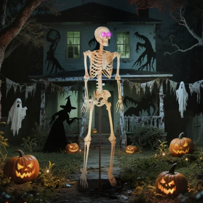 Outsunny Skelett-Figur, Halloween-Dekoration, bewegliche Arme und Beine, Geräusch-Aktivierung, leuchtende Augen, Batteriebetrieb, 152 cm, Metall, Kunststoff, Gelb