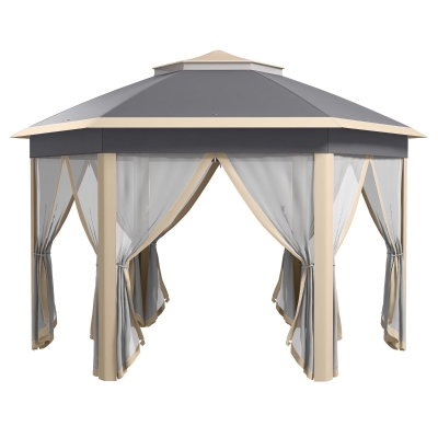 Outsunny Hexagon Pop Up Gazebo Outdoor Patio Gazebo Double Roof Instant Shelter with Netting, 3 x 4m, Khaki