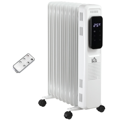 HOMCOM 2180W Oil Filled Radiator with 3 Power Settings, 9 Fin Portable Electric Heater with Adjustable Thermostat, 24H Timer, Safety Cut-off, LED Display, Remote, White