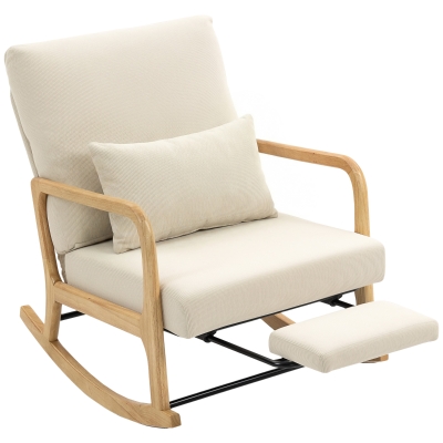 HOMCOM Silla Mecedora Nórdica con Reposapiés Respaldo Ajustable Mecedora de Pana Patas de Madera y Reposabrazos Cojín Crema