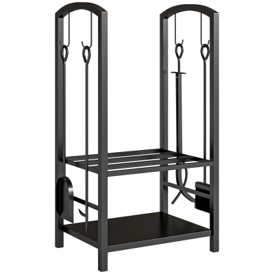 Outsunny Metal Firewood Log Holder 2 Layer Firewood Rack Indoor Outdoor Fireplace Wood Storage Shelf with 4 Tools and Hooks, Black, 40L x 30W x 74.5H cm