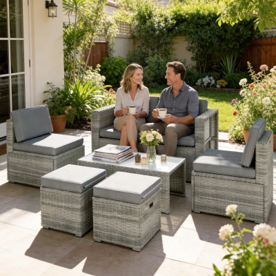 Outsunny 6‑teiliges Gartenset aus Polyrattan, platzsparende Sitzgruppe mit Sofa, Sesseln, Tisch und Fußhockern, Dunkelgrau
