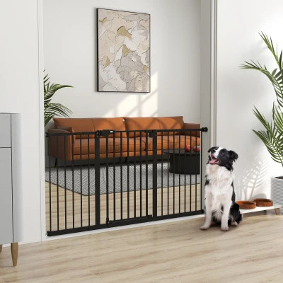 PawHut Dog Gate Stair Gate Pressure Fit Pets Barrier Auto Close for Doorway Hallway, 74-148cm Wide Adjustable, Black