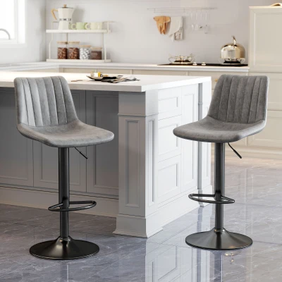 HOMCOM Adjustable Set of 2 Bar Stools, Counter Height Barstools, 360° Swivel Tall Stools with Footrest for Home Pub, Grey