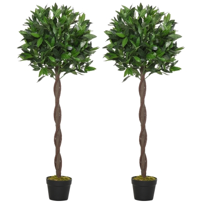 Outsunny Set of 2 120cm/4FT Artificial Bay Laurel Topiary Trees with Pot Fake Indoor Outdoor Greenery Plant Home Decor Green