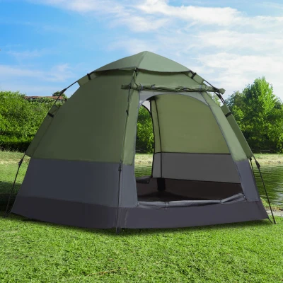 Outsunny Pop-up camping tent 3-4 person dome tent waterproof lightweight ventilated easy to set up 2 large doors dim. 2.6L x 2.6l x 1.5H m fiberglass polyester oxford green grey