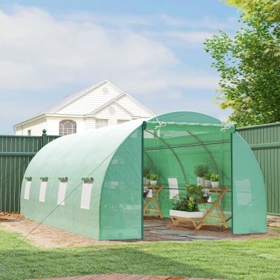Outsunny Invernadero de Túnel 600x300x200 cm Invernadero de Jardín con Puerta Enrollable 8 Ventanas Cubierta PE 140g/m² y Tubo de Acero para Cultivos Plantas Verduras Verde