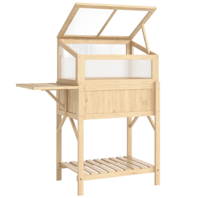 Outsunny Hochbeet mit Frühbeetaufsatz aus Holz Pflanzkasten mit Gewächshaus klappbar Seitentisch Ablagefach Naturholz