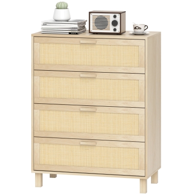HOMCOM Commode 4 Tiroirs Rotin Bois Clair 80x40x103 cm