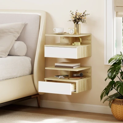 HOMCOM Set de 2 Mesitas de Noche Flotantes con 1 Cajón y Estante Abierto Diseño Moderno Montado en la Pared 35x32x22,5 cm Roble