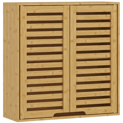 HOMCOM Badezimmerschrank Hängeschrank aus Bambus mit atmungsaktiv Lamellentüren, verstellbar Ablage 60 x 20 x 60 cm Naturholz