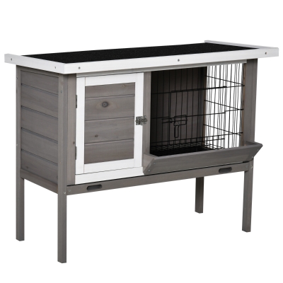 PawHut Wooden Rabbit Hutch with Asphalt Roof Feeder Removable Tray and 2 Doors 91 x 46 x 71 cm gray