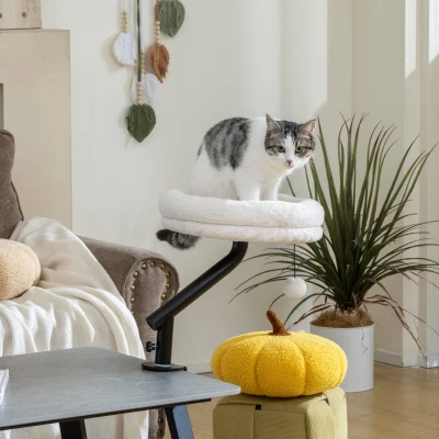 PawHut Katzen-Schreibtischbett, Katzenbett für Schreibtisch mit 360°Drehung, verstellbarer Höhe, Katzenliege mit abnehmbarem, maschinenwaschbarem Bett, für Katzen unter 6 kg, Heimbüro, Cremeweiß