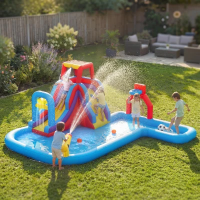 AIYAPLAY Castillo Hinchable Acuático con Soplador 550W Tobogán Pared de Escalada Piscina Aro de Baloncesto Portería de Fútbol
