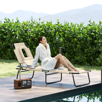 Outsunny Outdoor Foldable Sun Lounger, 4 Level Adjustable Backrest Reclining Sun Lounger Chair with Pillow and Reading Hole, Beige