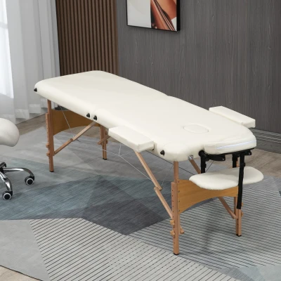 HOMCOM Portable Massage Bed, Foldable Spa Beauty Massage Table with 2 Sections, Carry Bag and Wooden Frame, Cream White