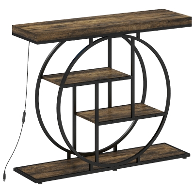 HOMCOM 4-Tier Console Table LED Rustic Brown & Black