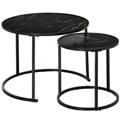 HOMCOM Set of 2 Round Nesting Stackable Coffee Tables, Marble-Effect Wooden Top and Metal Legs, Black
