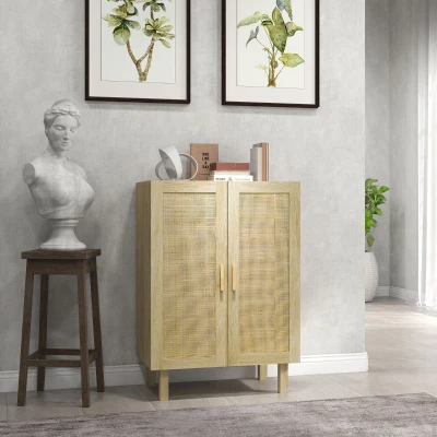 HOMCOM Boho Storage Cabinet with Cane Shelves 73x41x102cm