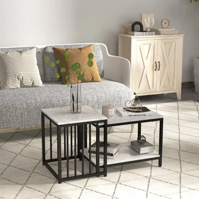 HOMCOM Set of 2 side tables nesting stackable coffee tables with marble-effect wood-look top black metal frame