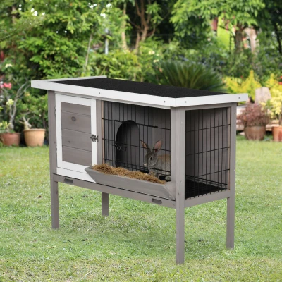 PawHut Wooden Rabbit Hutch with Asphalt Roof Feeder Removable Tray and 2 Doors 91 x 46 x 71 cm gray