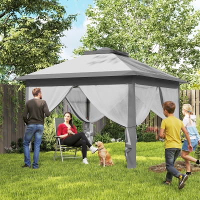 Outsunny 330cm x 330cm Pop Up Canopy - Double Roof, Foldable Tent with Zipped Mesh Sidewalls, Adjustable Height and Carrying Bag, Event Tent for Patio Garden, Grey