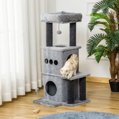 PawHut Cozy Chic Designer Cat Tree Multi-Functional Activity Center with Cubbies, Platforms, Bed, Toy Balls, Removable Washable Felt, Particleboard Short Plush 48 x 48 x 100 cm Gray